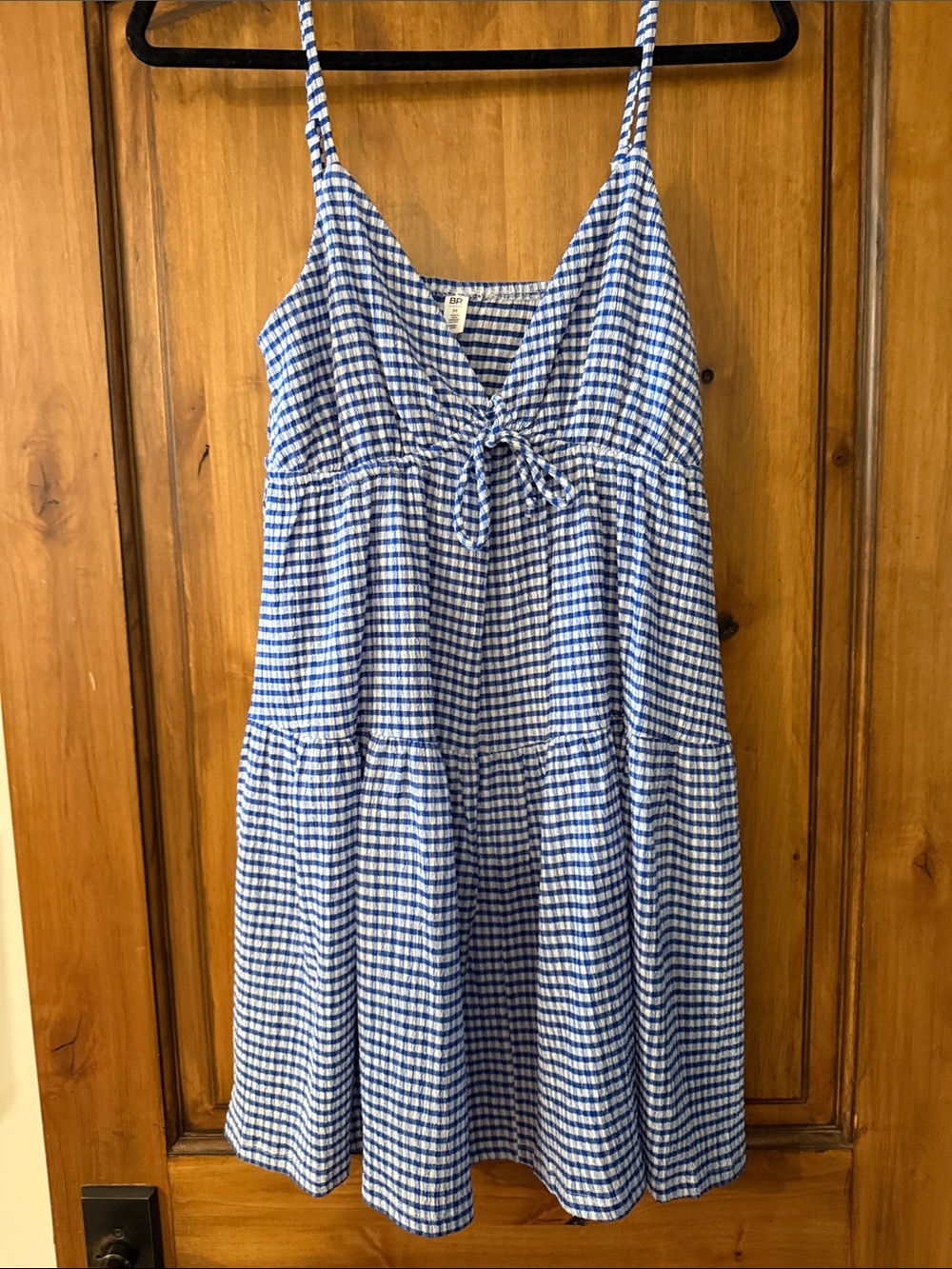 bp Blue and White Gingham Tie-Front Spaghetti Strap Dress